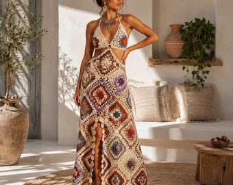 Wzór na szydełkową sukienkę maxi z kwadratowym wzorem babci (PDF), boho, festiwalowa suknia, patchworkowy styl na lato