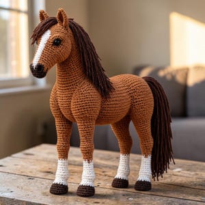 May include: A brown crocheted horse toy with a white blaze on its face, dark brown yarn mane and tail, and four white lower legs ending in dark brown hooves. The horse is crafted with visible yarn stitches and has black plastic eyes.