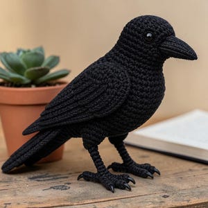 May include: A handcrafted, black crochet crow figurine with detailed wings, beak, and feet. The crow is standing on a wooden surface, with a small potted succulent and an open book in the background. The crow is a decorative item.