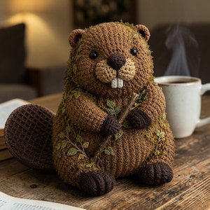 May include: A handcrafted brown and tan knitted beaver figurine with a twig in its paws. The beaver has a large tail, white teeth, and is adorned with green leaf accents. It is sitting on a wooden surface.