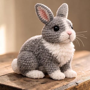 Puede incluir: Un conejo de crochet hecho a mano en tonos grises y blancos, con acentos rosas dentro de las orejas y una nariz rosa. El conejo tiene grandes ojos negros y largos bigotes, sentado sobre una superficie de madera. Un juguete suave y encantador.