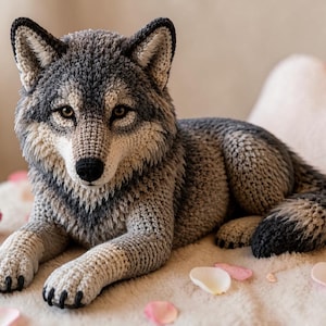 Könnte beinhalten: Ein handgehäkelter Wolf in Grau-, Schwarz- und Cremetönen, der liegt. Der Wolf hat detaillierte Merkmale, darunter eine schwarze Nase, und ist von Rosenblättern umgeben. Die Handwerkskunst ist sehr detailliert.