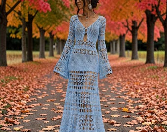 Modèle de robe longue bohème gothique au crochet, robe de festival en dentelle à manches cloche (téléchargement numérique)