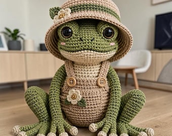 Wzór na szydełkową żabę w formacie PDF, realistyczna żaba amigurumi, kapelusz przeciwsłoneczny typu ogrodniczki (do pobrania w wersji cyfrowej)