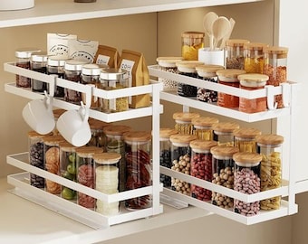2 Tier Pull Out Spice Rack Organizer for Cabinet Slide Out Drawer Spice Organizer Kitchen Storage Pantry Shelf Spice Rack Drawer