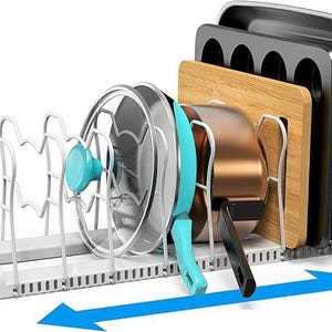 Expandable Pan Organizer Rack Adjustable Pot Lid Organizer for Cabinet Kitchen Storage Space Saving Cookware Rack for Pans Lids Plates