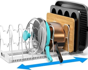 Expandable Pan Organizer Rack Adjustable Pot Lid Organizer for Cabinet Kitchen Storage Space Saving Cookware Rack for Pans Lids Plates