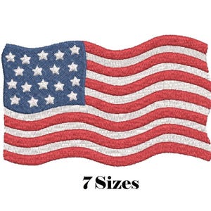 May include: An embroidered patch featuring a wavy American flag design with a blue canton containing white stars and alternating red and white horizontal stripes. The text 7 Sizes is printed in black below the embroidered flag graphic.