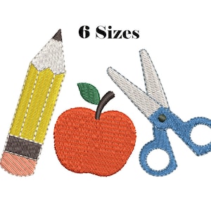 May include: An embroidery design featuring a yellow pencil with a pink eraser, a red apple with a green leaf, and blue scissors. The text 6 Sizes is positioned above the items. The design uses various thread colors to create a textured appearance.