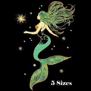 May include: An embroidered mermaid design with flowing green hair and a teal tail, reaching for a golden star. The design is set against a black background, with the text "5 Sizes" at the bottom.