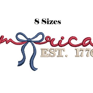 Design de bordado Coquette America, laço americano para o Dia da Independência (4 de julho), padrão patriótico da bandeira dos EUA, download digital, 8 tamanhos.
