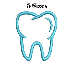 May include: A light blue embroidered tooth design. The image includes the text "5 Sizes" at the top. The tooth is a simple outline, suitable for dental-themed crafts or embroidery projects.