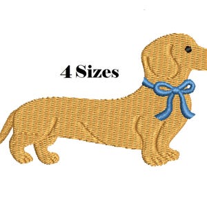 May include: An embroidery design of a tan dachshund dog in profile, featuring a blue ribbon tied in a bow around its neck, a black nose, and a black eye. The text 4 Sizes is printed in black above the dog's back in a simple serif font.