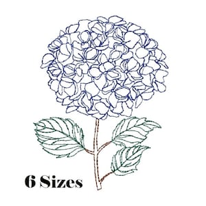 May include: A machine embroidery design featuring a blue hydrangea flower head with green leaves on a brown stem. The design is rendered in a simple line art style. The text "6 Sizes" is printed in black in the lower left corner of the image.