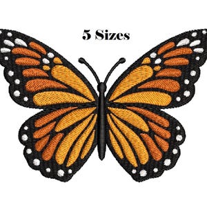 May include: Embroidered butterfly design with orange, yellow, and black details. The butterfly has a detailed wing pattern and is set against a white background. The text "5 Sizes" is above the butterfly.