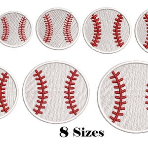 May include: Embroidered baseball patches in eight sizes. Each patch features a white baseball with red stitching. The text "8 Sizes" is displayed in black at the bottom of the image. These patches are ideal for sports enthusiasts.