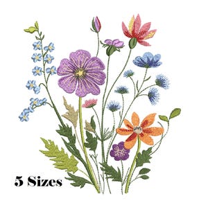 May include: Embroidered floral design featuring a variety of colorful flowers, including purple, orange, blue, and red blooms, with green leaves and stems. The text "5 Sizes" is displayed at the bottom. This design is suitable for embroidery projects.