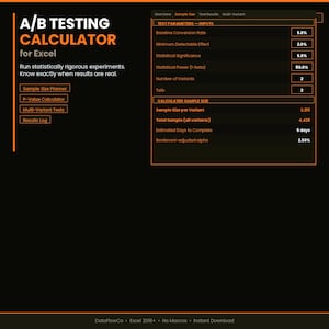 Könnte beinhalten: Digitale Oberfläche für einen A/B-Test-Rechner für Excel, auf schwarzem Hintergrund. Die Oberfläche enthält Abschnitte für Testparameter, berechnete Stichprobengröße und verschiedene Eingabefelder. Text enthält "Sample Size Planner" und "Results Log".