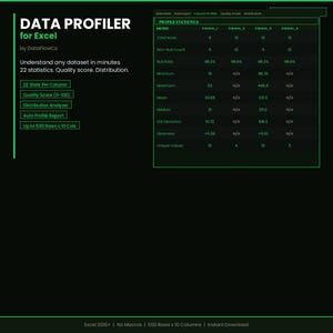 May include: A green and black graphic with the text "DATA PROFILER for Excel" and "by DataFlowCo." The image displays data analysis features, including "22 Stats Per Column" and "Quality Score (0-100)." It also shows profile statistics.