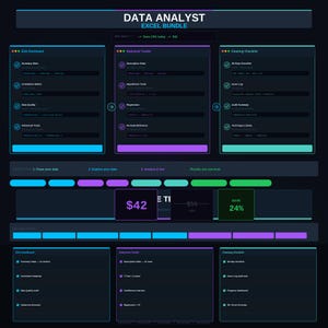 May include: A digital graphic with a dark blue background, featuring the text "DATA ANALYST EXCEL BUNDLE." It includes sections for EDA Dashboard, Statistical Toolkit, and Cleaning Checklist, with a price of $42 and a 24% savings.