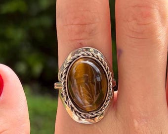 Tigers Eye Ring, Silver Bezel, Adjustable Band