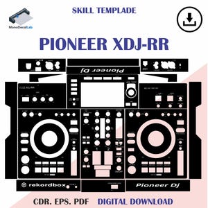 Könnte beinhalten: Eine schwarz-weiße digitale Vorlage für einen Pioneer XDJ-RR DJ-Controller. Die Grafik zeigt das Layout von Knöpfen, Tasten, Jogwheels und Bildschirmen. Der Text umfasst SKILL TEMPLATE, PIONEER XDJ-RR, MonoDecalLab, rekordbox und Pioneer Dj.