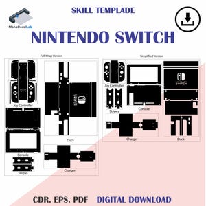 Op de afbeelding: Een zwart-wit sjabloon voor een Nintendo Switch, met verschillende componenten zoals Joy-Cons, console, dock en oplader. Het ontwerp bevat volledige en vereenvoudigde versies, met de tekst "NINTENDO SWITCH" en "DIGITALE DOWNLOAD".