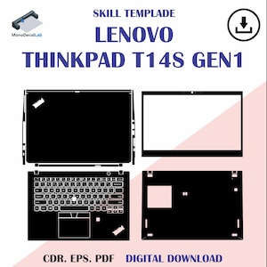 May include: Black and white digital template for a Lenovo Thinkpad T14s Gen1 laptop. The image shows the top, bottom, and keyboard layout. Text includes "Skill Template", "Lenovo Thinkpad T14s Gen1", and "Digital Download".