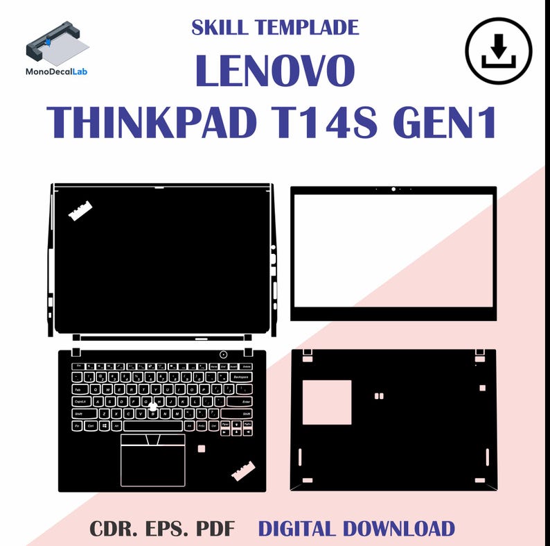 May include: Black and white digital template for a Lenovo Thinkpad T14s Gen1 laptop. The image shows the top, bottom, and keyboard layout. Text includes "Skill Template", "Lenovo Thinkpad T14s Gen1", and "Digital Download".