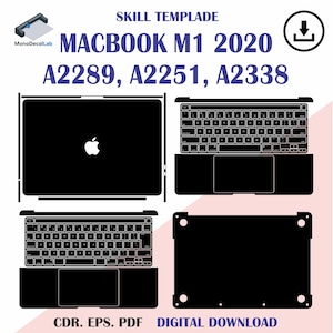 Könnte beinhalten: Schwarzes Vorlagendesign für ein Macbook M1 2020, einschließlich Ansichten von oben, Tastatur und unten. Das Design zeigt den Text "MACBOOK M1 2020 A2289, A2251, A2338" und das MonoDecalLab-Logo. Digitaler Download.