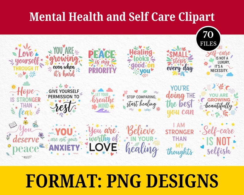 Mental Health PNG Bundle – Boho Affirmations, Wellness Clipart (instant ...
