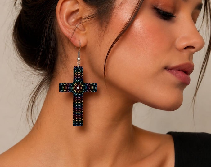 Featured listing image: Rainbow Cross Earrings Handmade Colorful Boho Statement Jewelry Gift for Women Festival Style