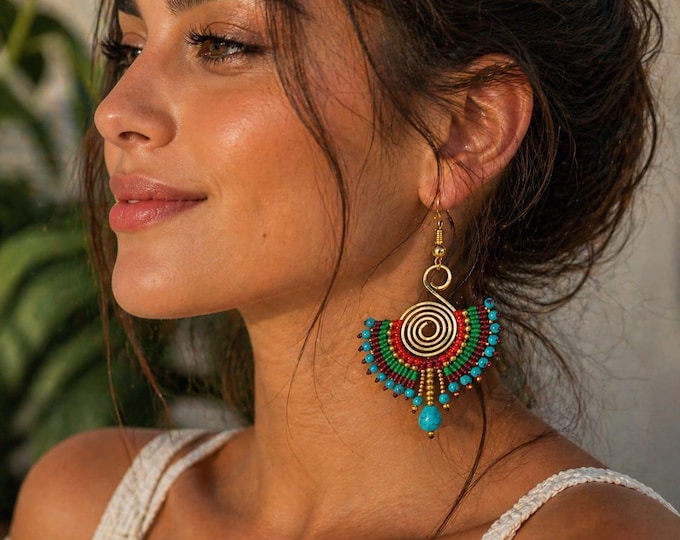 Featured listing image: Boho Turquoise Statement Earrings, Handmade Tribal Earrings, 18K Gold Plated Dangle  Colorful Beaded