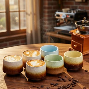 Può includere: Sei tazze da caffè in ceramica con latte art, nei toni del marrone, beige, blu e verde. Le tazze sono disposte su un tavolo di legno con chicchi di caffè sparsi. Il vapore sale dal caffè, suggerendo che sia appena fatto.