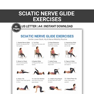 May include: A white document with the title "SCIATIC NERVE GLIDE EXERCISES" and exercise illustrations. The document includes instructions for gentle lower back, hip, and nerve mobility routines. The document is labeled "US LETTER | A4 | INSTANT DOWNLOAD".
