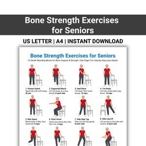 May include: A digital document titled Bone Strength Exercises for Seniors featuring 16 illustrations of a person in a red shirt and dark pants performing standing exercises with a chair. The text includes instructions for each movement.