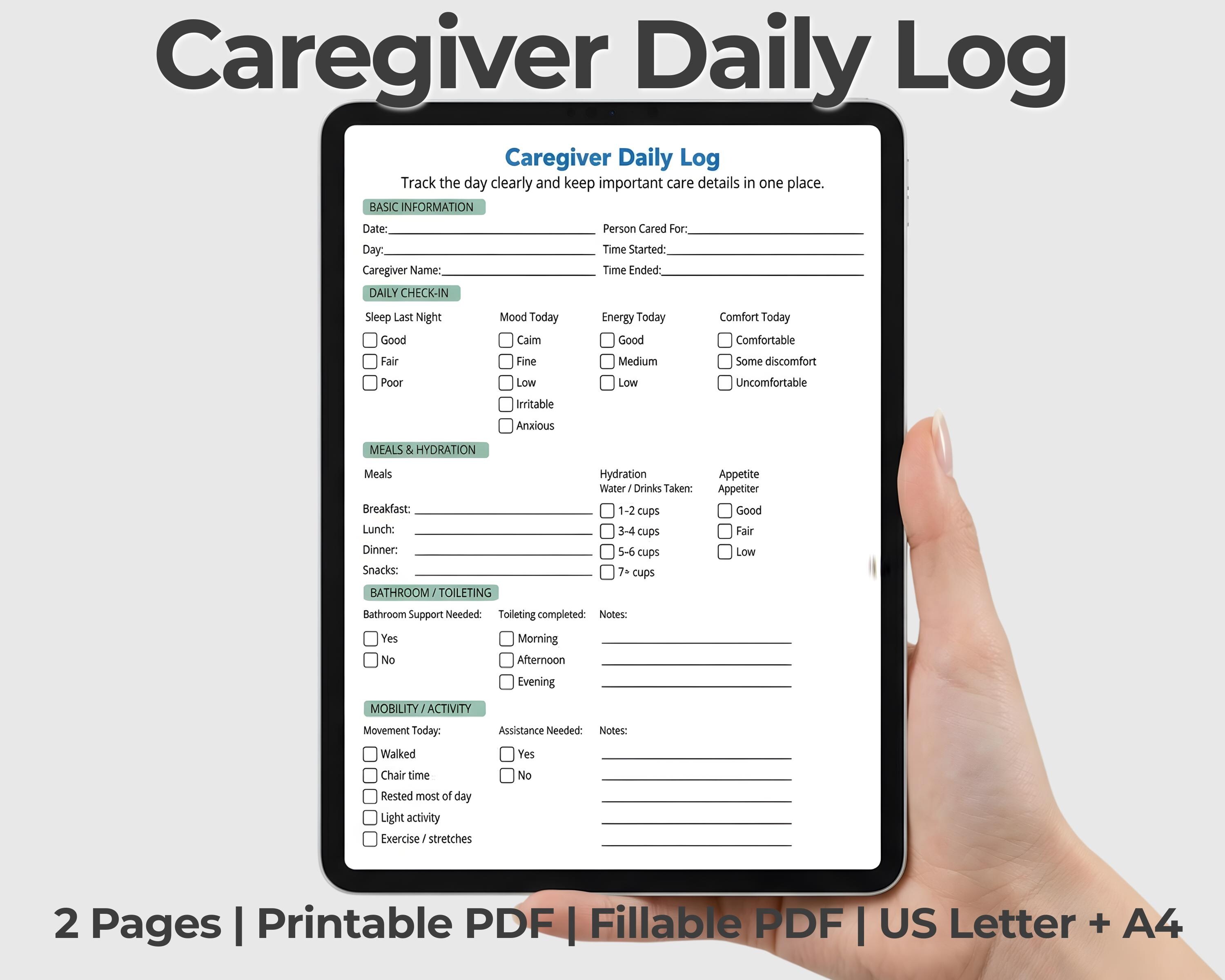 Caregiver Daily Log Printable PDF, Caregiver Log, Medication Tracker ...
