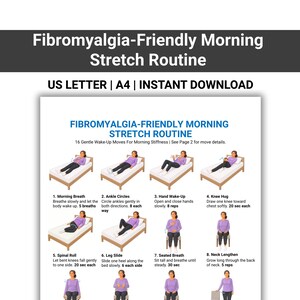 Peut inclure: Un guide imprimable intitulé "Routine d'étirements matinaux pour la fibromyalgie". Le guide présente des illustrations d'exercices, notamment la respiration, les cercles de cheville et les flexions de genoux. Le texte comprend des instructions.