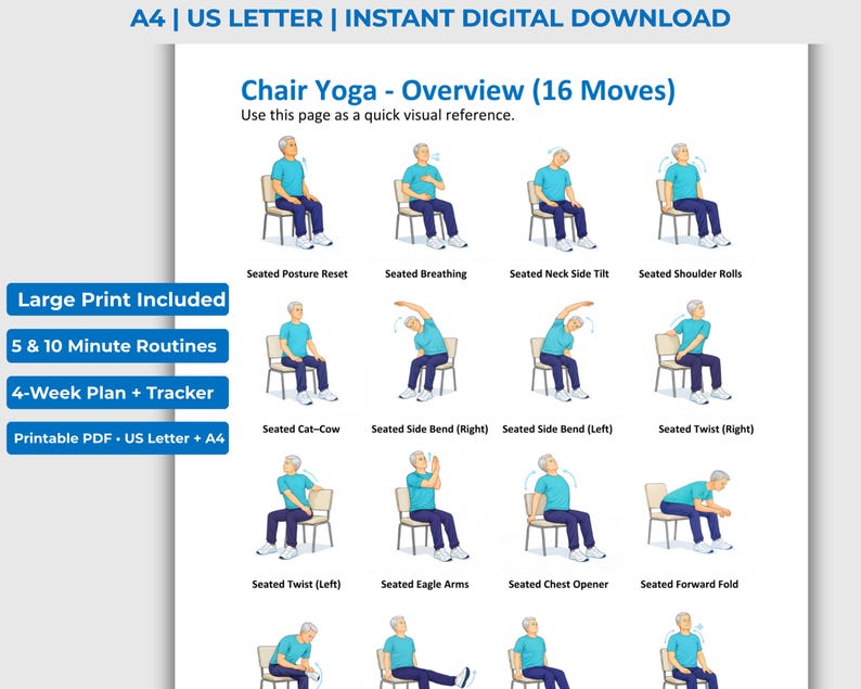 Chair Yoga for Seniors Printable PDF, Chair Yoga Chart, Printable Chair