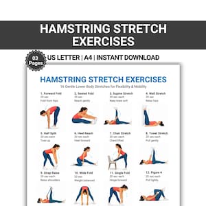 Op de afbeelding: Een witte, afdrukbare gids getiteld "Hamstring Stretch Exercises" met illustraties van 12 verschillende rekoefeningen. De gids bevat tekst zoals "US Letter | A4 | Instant Download" en "16 Gentle Lower Body Stretches for Flexibility & Mobility."