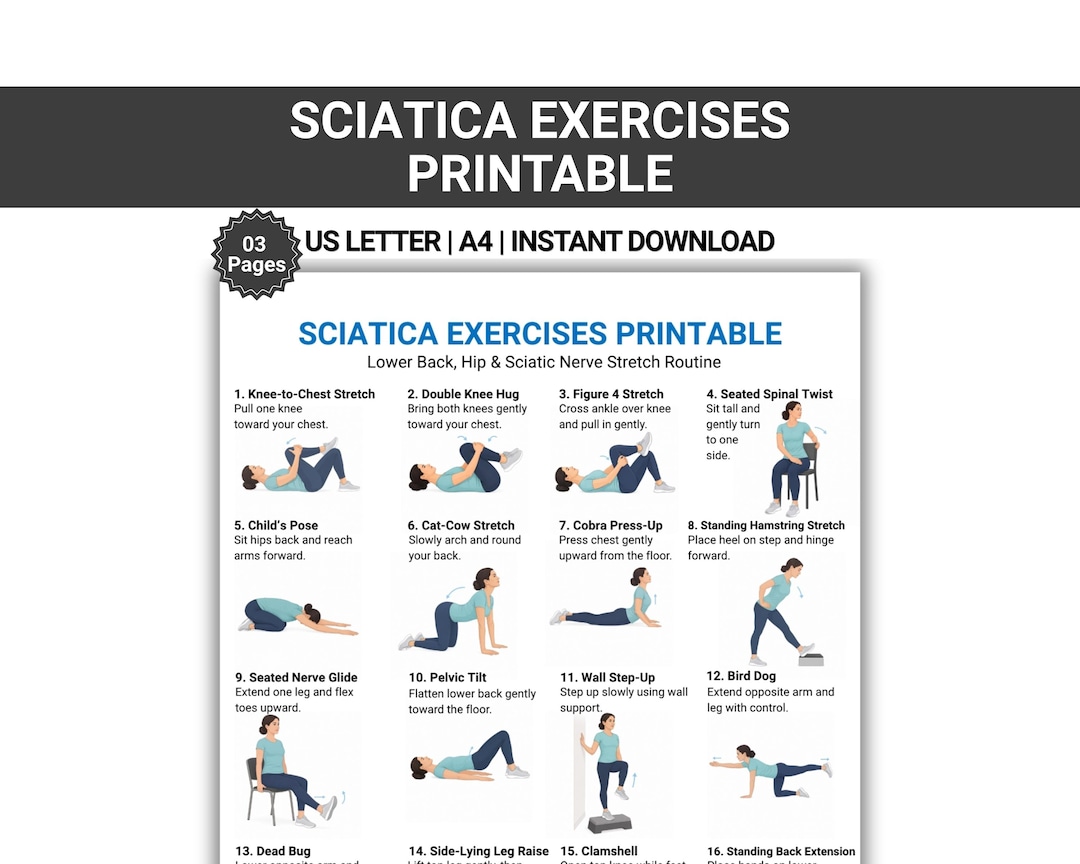 Sciatica Exercises Printable | Lower Back & Sciatic Nerve Stretch ...