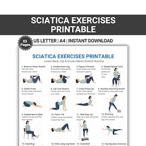 Peut inclure: Un guide imprimable intitulé "Exercices pour la sciatique" avec des illustrations de 16 exercices d'étirements pour le bas du dos, les hanches et le nerf sciatique. Le guide comprend des instructions pour chaque exercice.