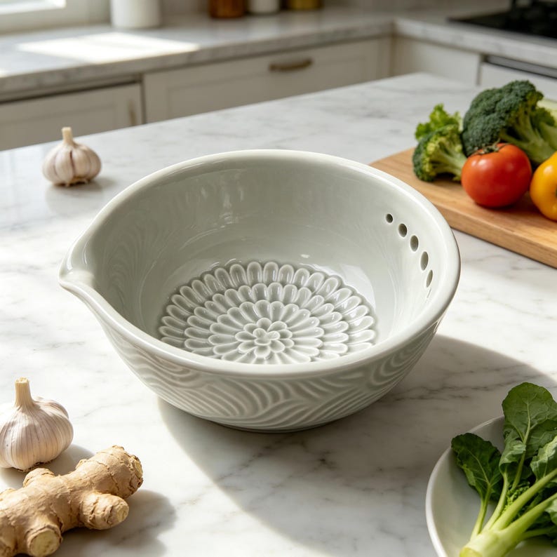 Handmade Ceramic Ginger Grater Bowl, Multi-hole Herb Grinder Bowl, Garlic & Spice Grater with Pour Spout, Kitchen Prep Tool