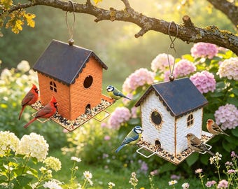 Comedero para pájaros vintage con forma de casa, comedero colgante de metal resistente a la intemperie, decoración rústica para jardín, regalo de estilo cottagecore para el patio