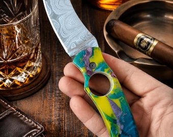Zigarrenschneider mit Damaszener Stahl Klinge und Resin Griff