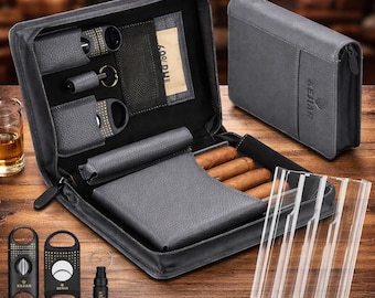 Leder-Zigarrenetui mit Guillotinesschneider & Luftbefeuchter - Tragbares Reisezigarrenzubehör