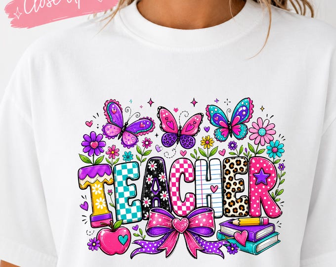 Colorful Butterfly Teacher Tee | Floral, Books, School Staff