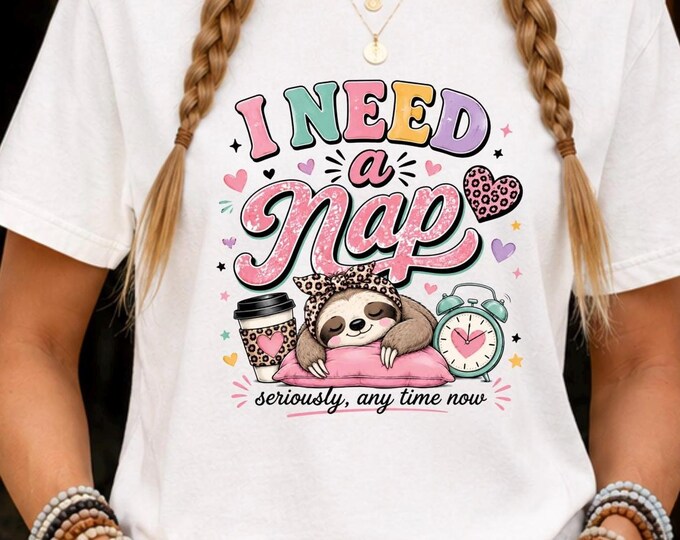 I Need a Nap Boxy Tee, Cute Sloth Shirt, Funny Tired Girl Shirt, Coffee Lover Tee, Sleepy Sloth Graphic Tee, Women's Cropped Boxy T-Shirt