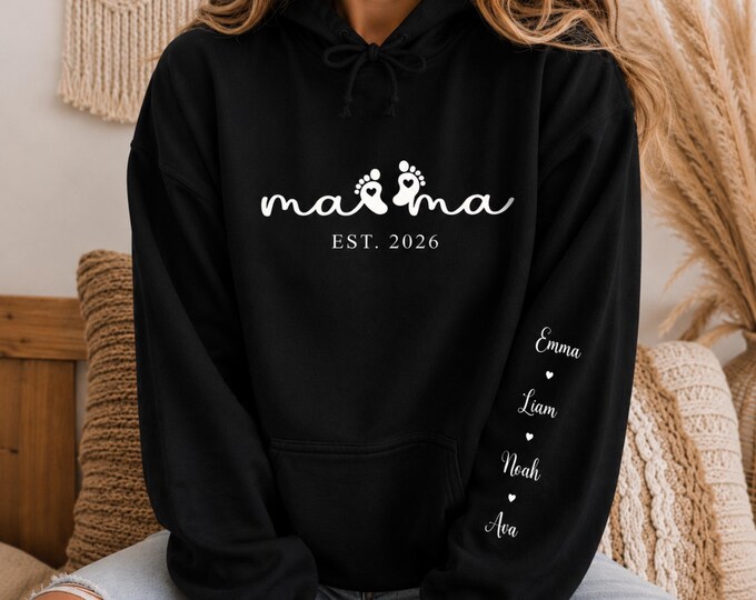 Custom Mama Hoodie with Baby Footprints | EST 2026, Personalized Sleeve Names, New Mom Sweatshirt