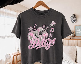 Dolly Faux Rhinestone Floral Guitar Boxy T-Shirt, Comfort Colors Country Music Tee, Pink Butterfly Western T-Shirt | Dolly Parton Tribute